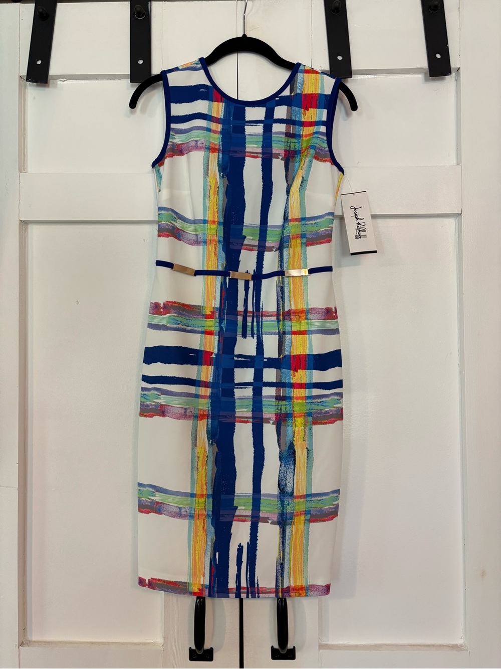Joseph Ribkoff Multicolor Plaid Dress with Blue Trim